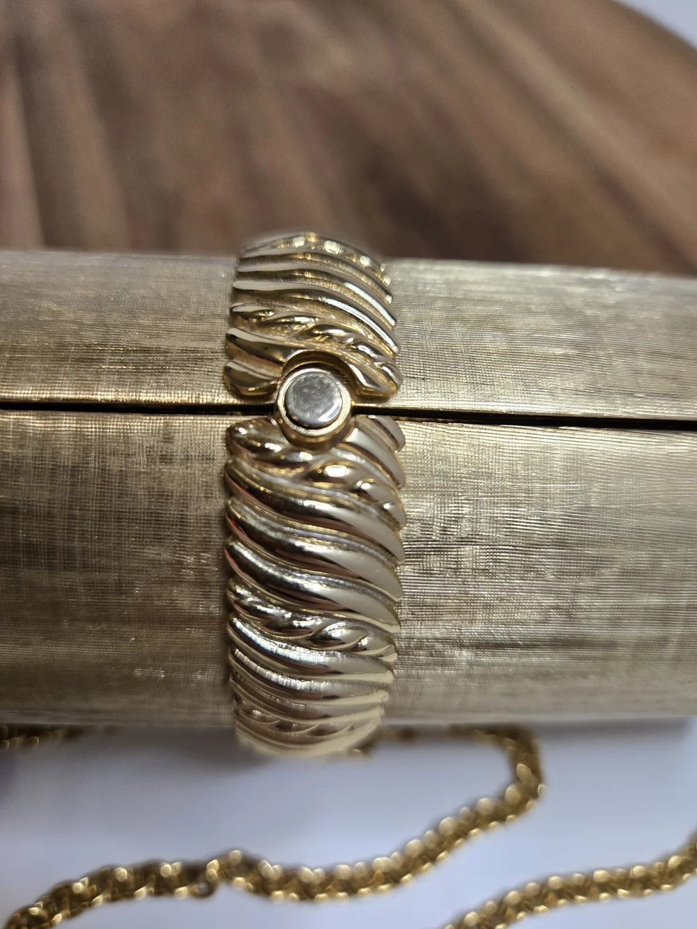 Rodo Gold Metallic Cylinder Clutch with Chain